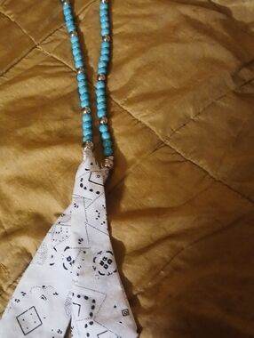 Turquoise Beaded Necklace with White Patterned Tassel